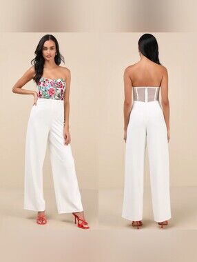 Lulus Remarkable Energy White Floral Embroidered Strapless Jumpsuit L Wedding